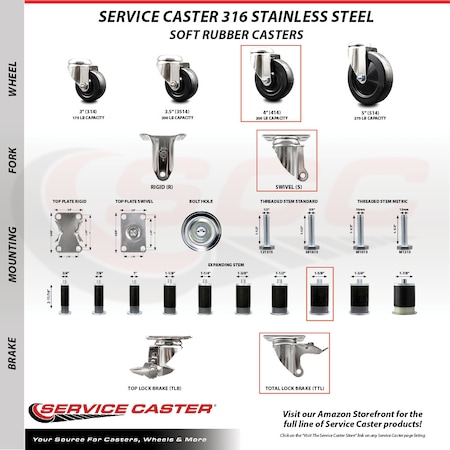 Service Caster 4 Inch 316SS Soft Rubber Swivel 1-5/8 Inch Expanding Stem Caster Lock Brake SCC SCC-SS316TTLEX20S414-SRS-158